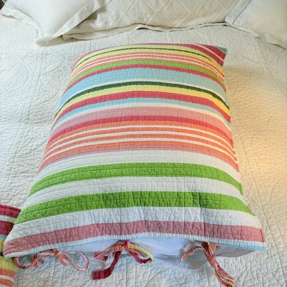 Beach‎ House Pillow  Shams Quilted Multicolor Stripes Tie Closure Cotton - Picture 4 of 10